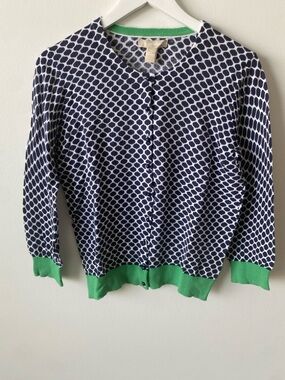 Banana Republic Navy and White Geo Cardigan with Green Trim